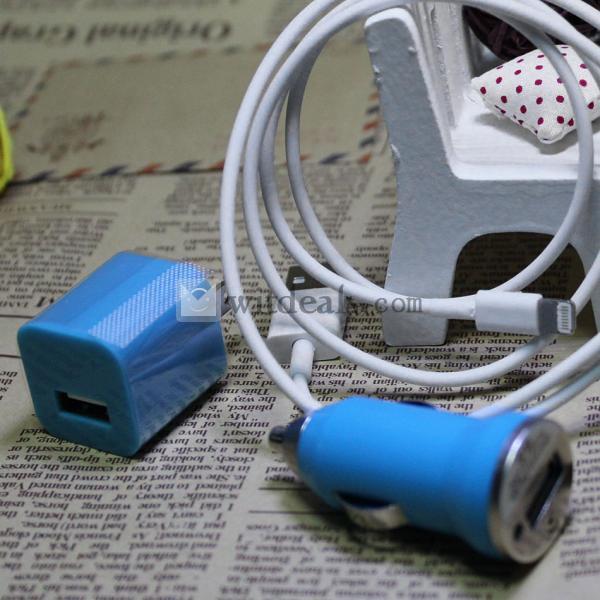iPhone5対応可能　iPhone5車載充電器／カーチャージャー＆充電アダプタ＆Lighting-USBケーブル　3件セット　ブルー